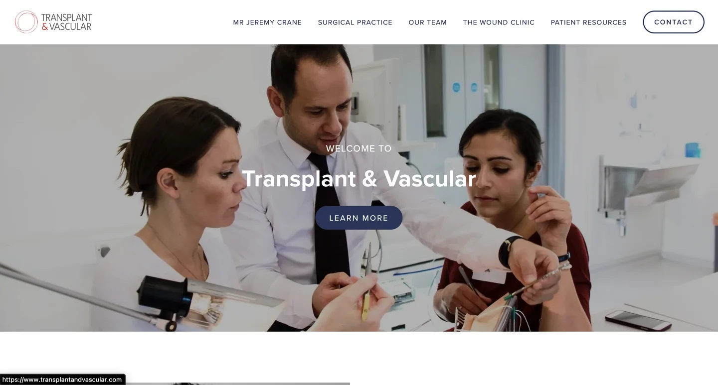 Transplant & Vascular website on desktop, screen 01