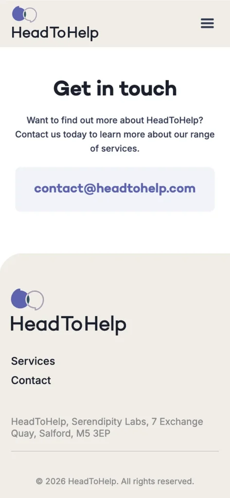 HeadToHelp website on mobile, screen 01