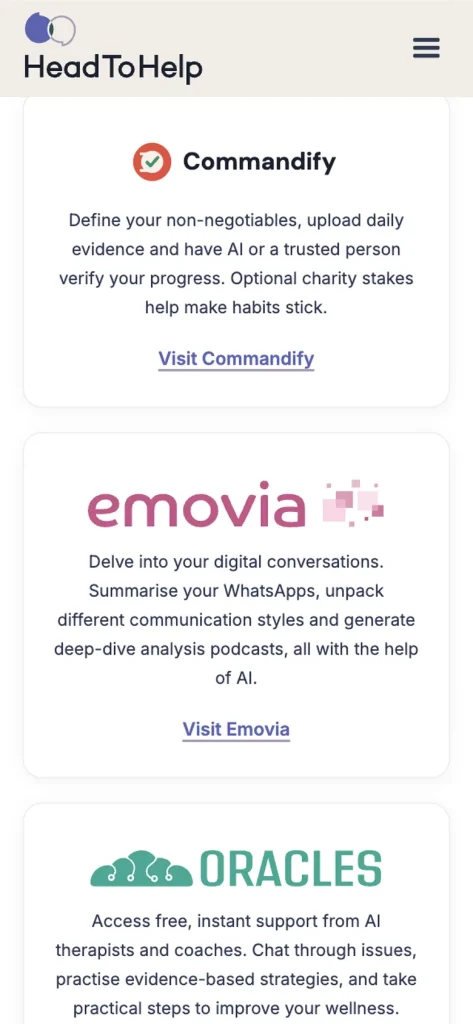 HeadToHelp website on mobile, screen 02