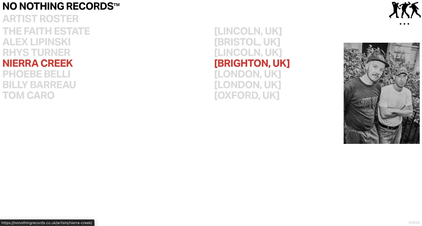 No Nothing Records website on desktop, screen 03