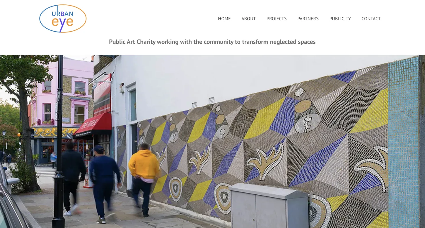 Urban Eye website homepage with a community mosaic mural in London