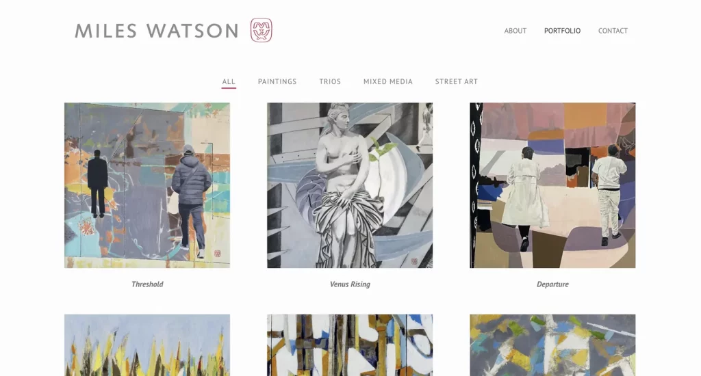 Miles Watson portfolio grid filtered by paintings, trios, mixed media and street art