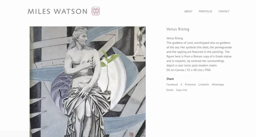Miles Watson artwork page for Venus Rising with gallery and share links