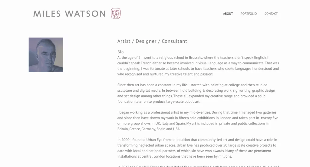 Miles Watson about page with artist biography