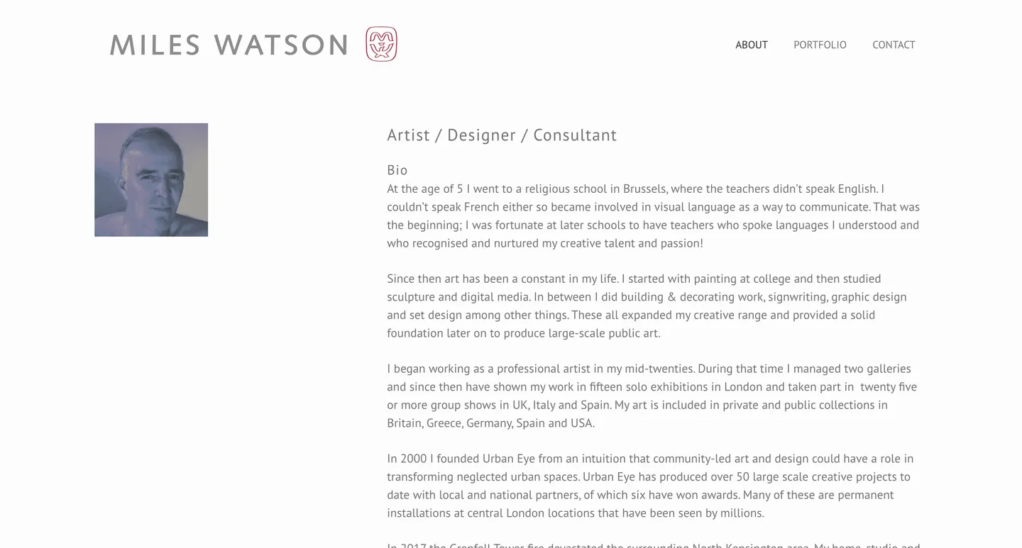 Miles Watson about page with artist biography
